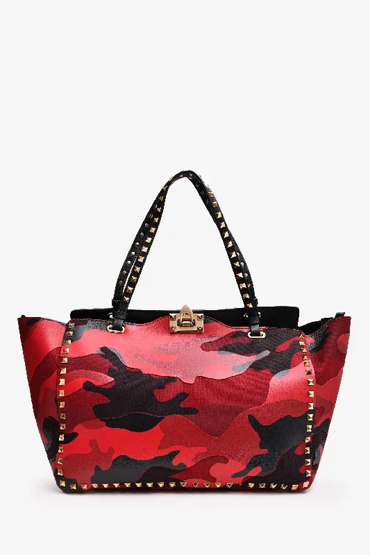 Thin Handle Tote Bags for Fashion -Valentino Red Camouflage Canvas/Leather Rockstud Tote Bag with Strap