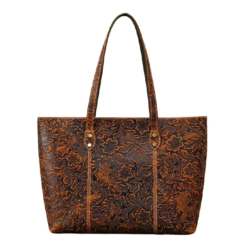 Hand-painted leather handle bags with unique artistic flair -Vintage Embossed Genuine Leather Women's Tote Bag