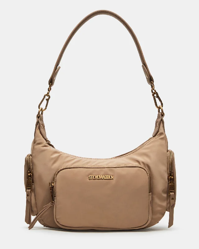 Convertible buckle crossbody bags switching to shoulder mode -KEVIN BAG TAN