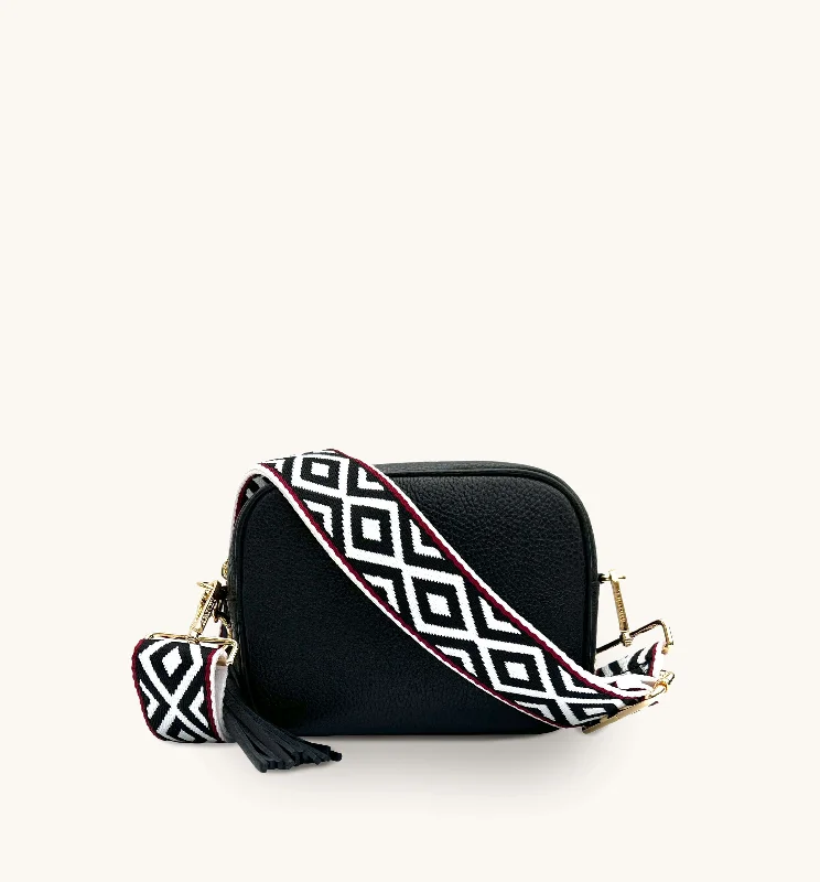 Minimal flap crossbody bags with magnetic snap simplicity -The Tassel Black Leather Crossbody Bag With Black & Red Aztec Strap