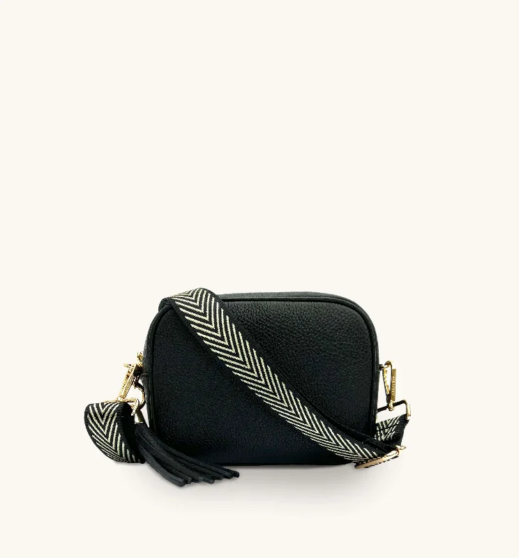 Matte gray crossbody bags blending into sleek wardrobes -The Tassel Black Leather Crossbody Bag With Black & Gold Chevron Strap