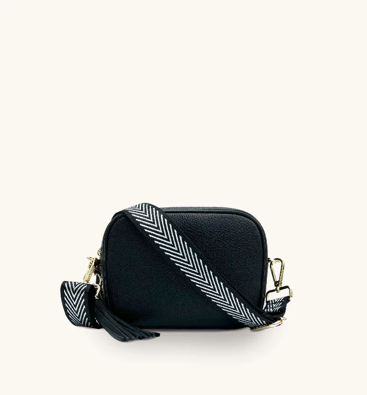 Bold chevron crossbody bags with dynamic zigzag patterns -The Tassel Black Leather Crossbody Bag With Black & Silver Chevron Strap