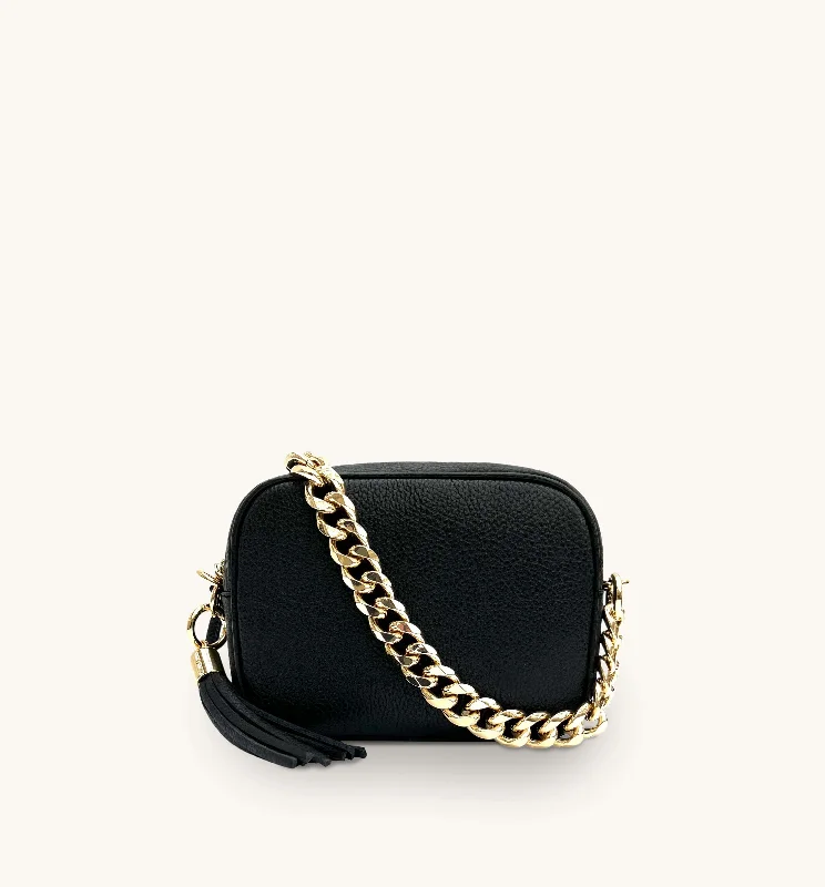 Glitter-dusted crossbody bags sparkling at evening galas -The Tassel Black Leather Crossbody Bag With Gold Chain Strap