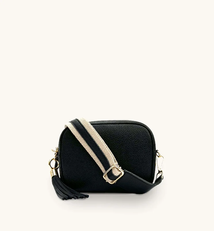 Subtle lavender crossbody bags for soft pastel elegance -The Tassel Black Leather Crossbody Bag With Leather & Canvas Strap