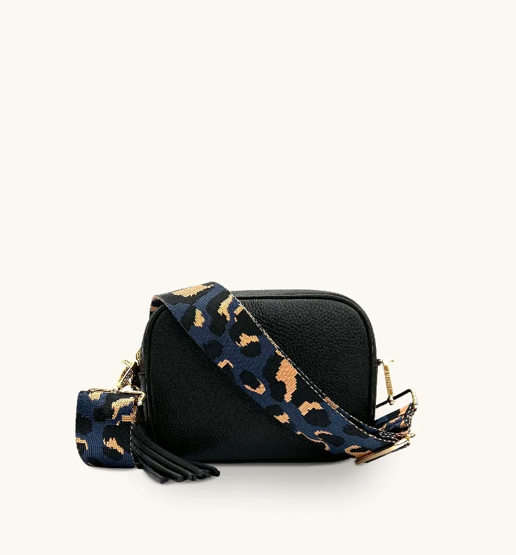 RFID-blocking canvas crossbody bags for tech-savvy travelers -The Tassel Black Leather Crossbody Bag With Navy Leopard Strap