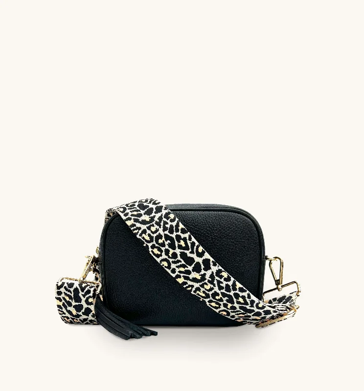 Waterproof canvas crossbody bags for rainy travel days -The Tassel Black Leather Crossbody Bag With Apricot Cheetah Strap