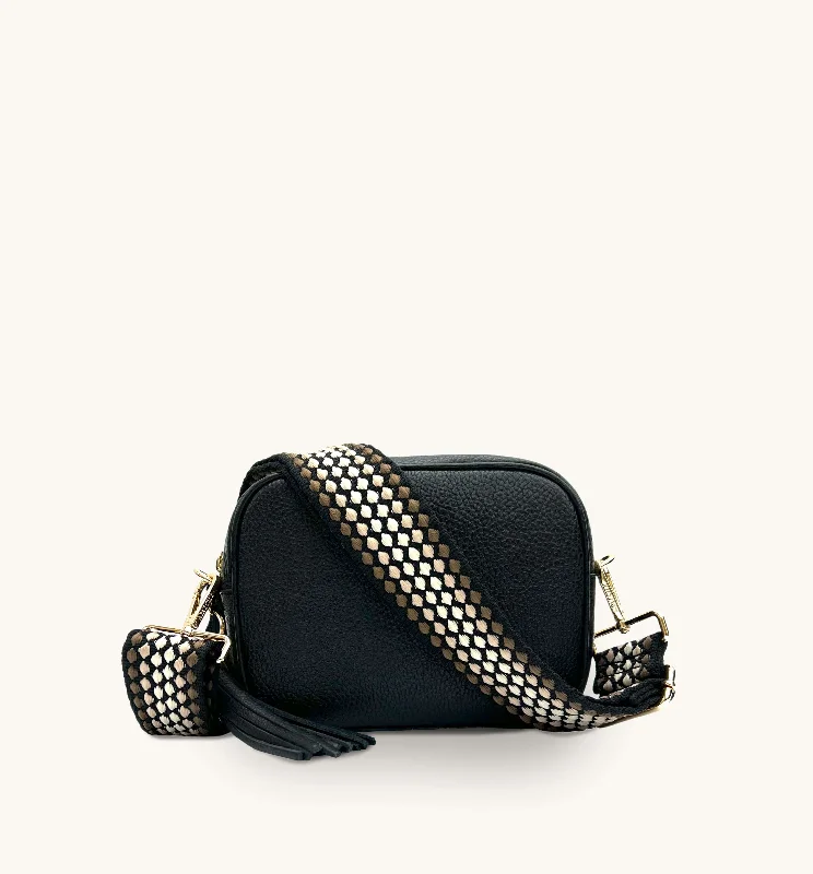 Earthy sage crossbody bags blending into nature tones -The Tassel Black Leather Crossbody Bag With Cappuccino Dots Strap