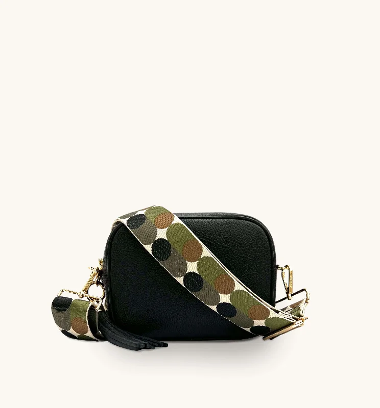 Lightweight linen crossbody bags for airy summer strolls -The Tassel Black Leather Crossbody Bag With Khaki Pills Strap