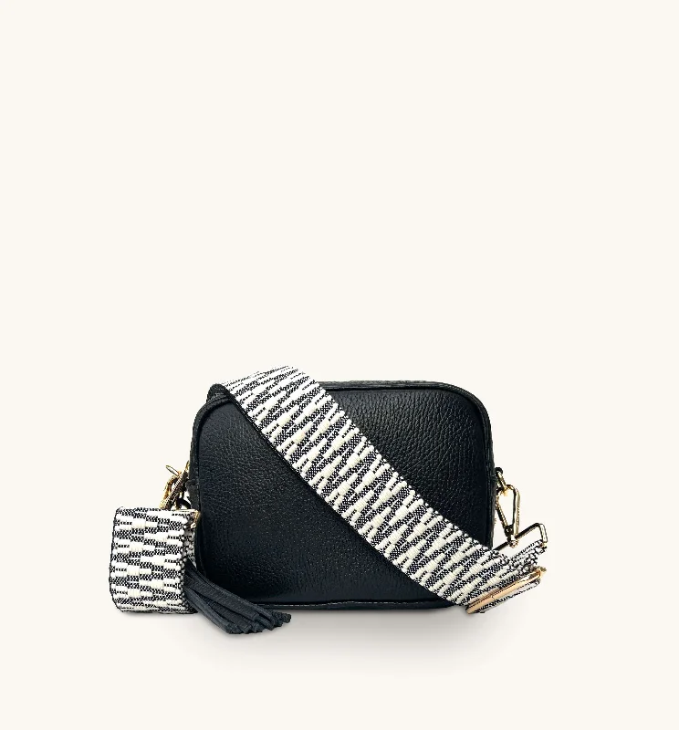 Classic houndstooth crossbody bags with timeless pattern appeal -The Tassel Black Leather Crossbody Bag With Midnight Zigzag Strap