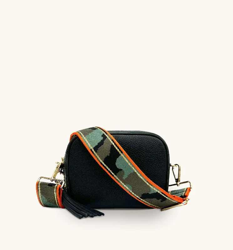 Minimal flap crossbody bags with magnetic snap simplicity -The Tassel Black Leather Crossbody Bag With Orange & Gold Stripe Camo Strap