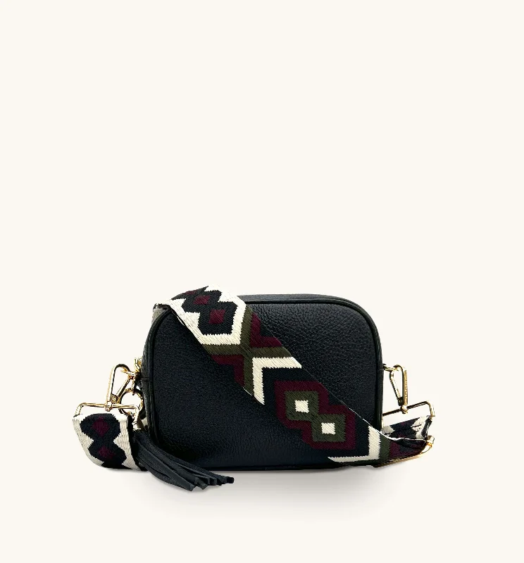 Embroidered floral crossbody bags for romantic spring flair -The Tassel Black Leather Crossbody Bag With Port & Olive Diamond Strap