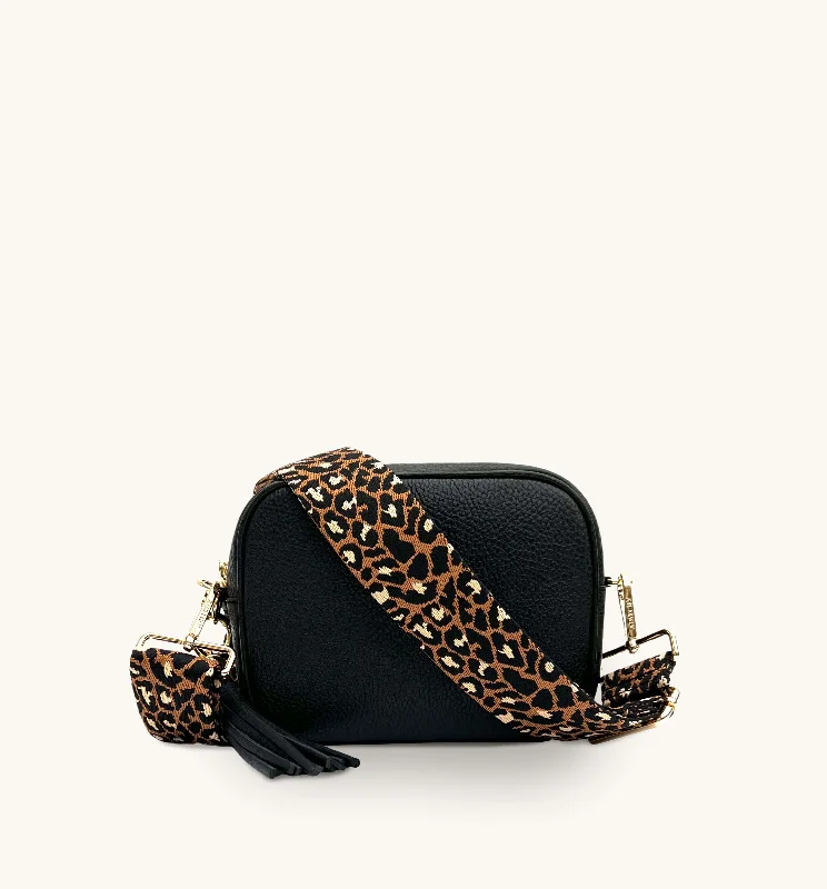 Quirky polka crossbody bags adding fun to outfits -The Tassel Black Leather Crossbody Bag With Tan Cheetah Strap