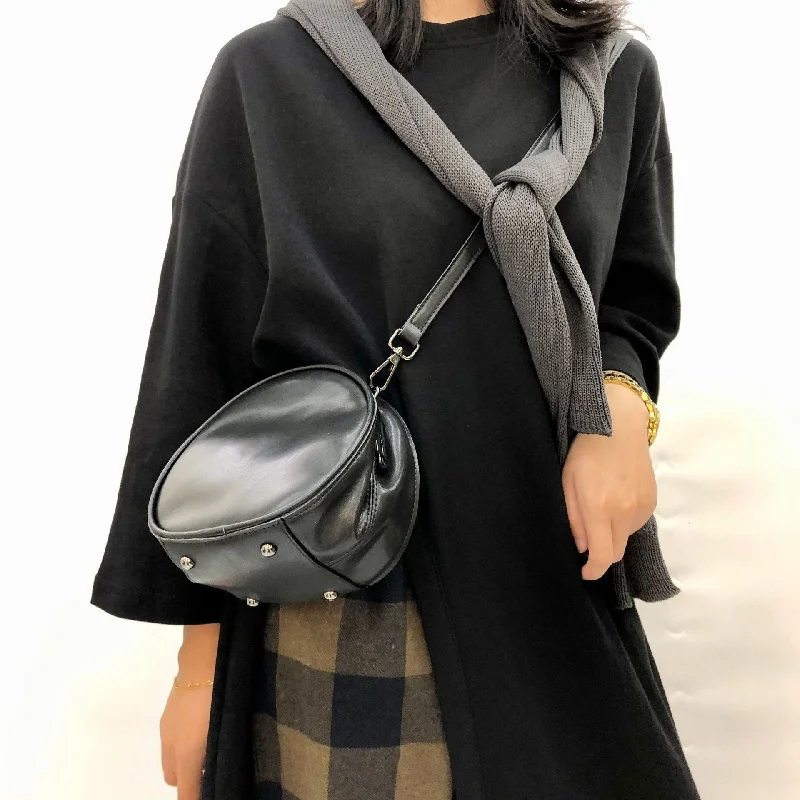 Elegant silk crossbody bags for formal dinner accessorizing -Black Round Leather Bag for Women Leather Petite Round Crossbody Shoulder Bag for Women