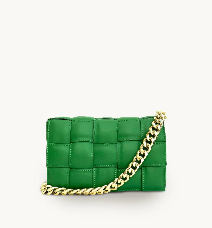 Rich chocolate crossbody bags for warm sophisticated tones -Bottega Green Padded Woven Leather Crossbody Bag With Gold Chain Strap