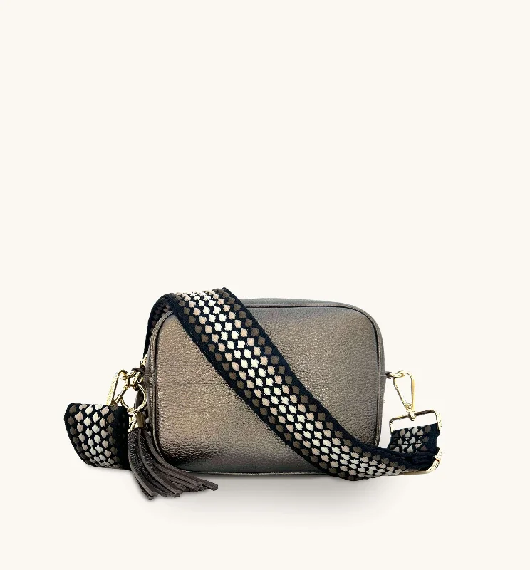 Vintage-inspired crossbody bags with brass hardware accents -The Tassel Bronze Leather Crossbody Bag With Cappuccino Dots Strap