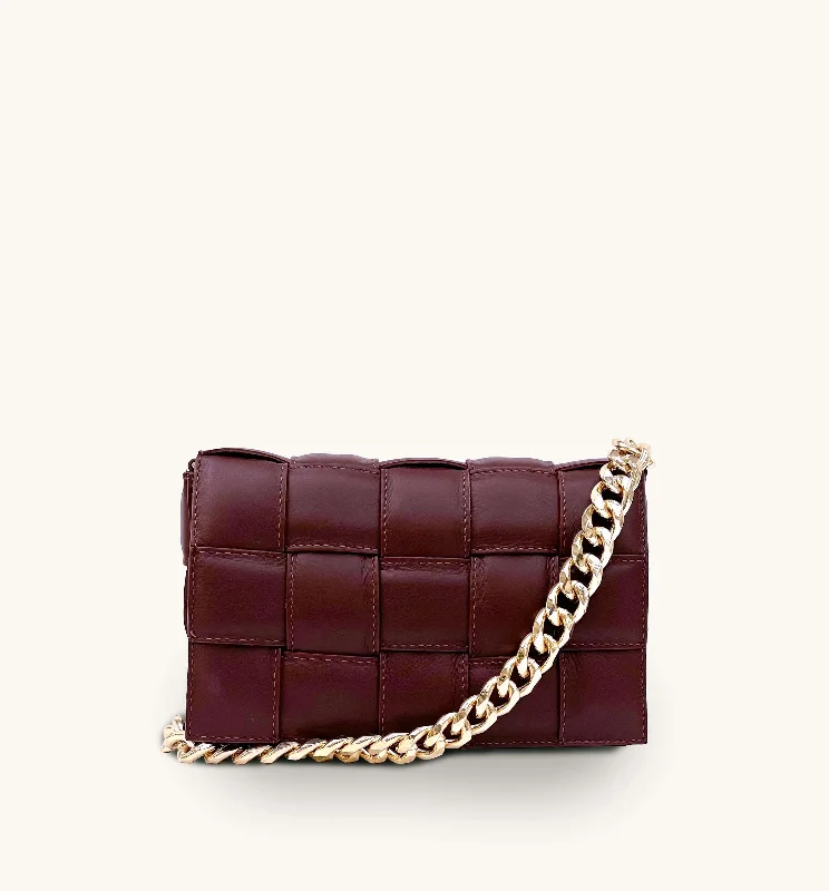 Smoky charcoal crossbody bags for cool urban edge -Burgundy Padded Woven Leather Crossbody Bag With Gold Chain Strap