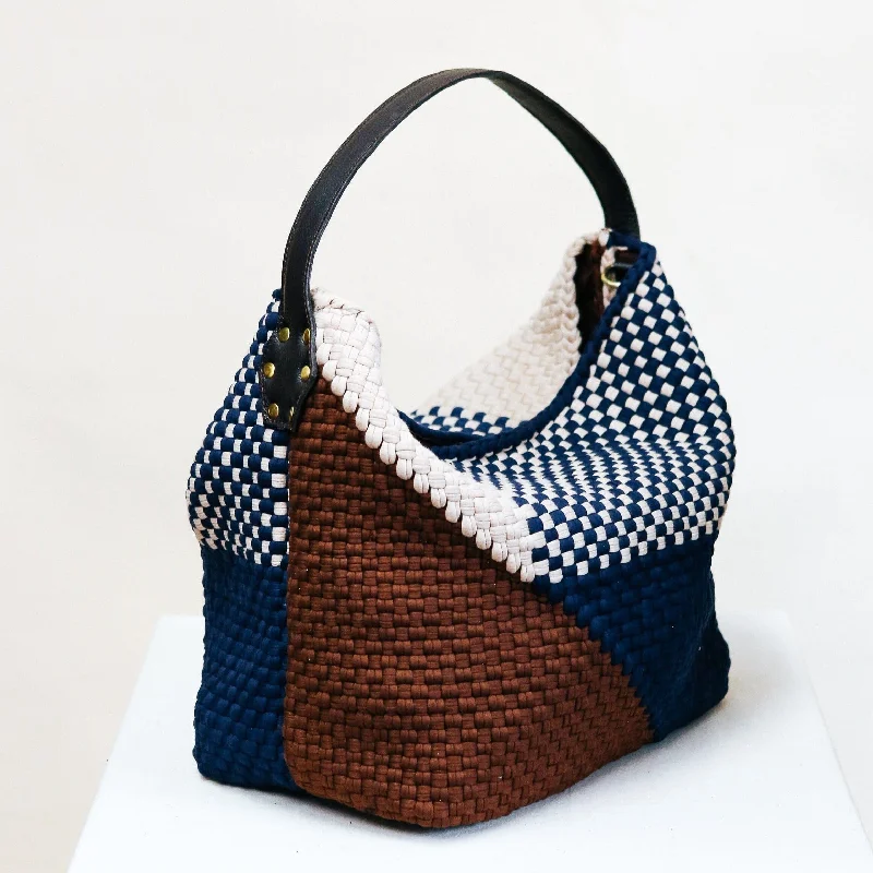 Expandable zipper crossbody bags fitting extra gear easily -Buslo Diagonal Weave Brown & Navy