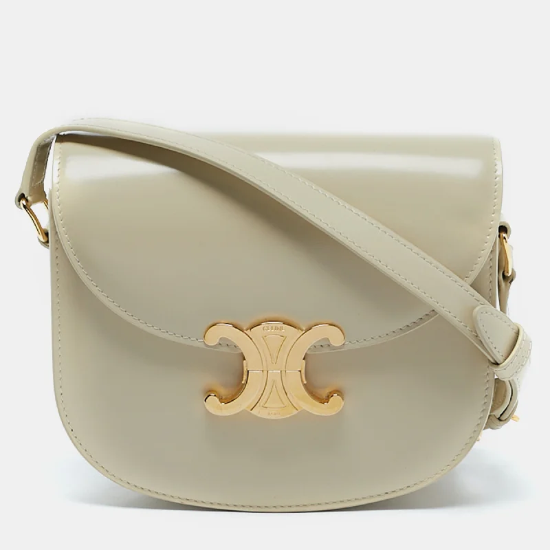 Structured leather crossbody bags with polished gold clasps -Celine Off White Glossy Leather Triomphe Saddle Crossbody Bag