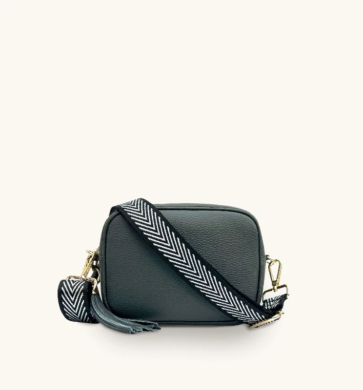 Foldable leather crossbody bags for travel-friendly storage -The Tassel Dark Grey Leather Crossbody Bag With Black & Silver Chevron Strap