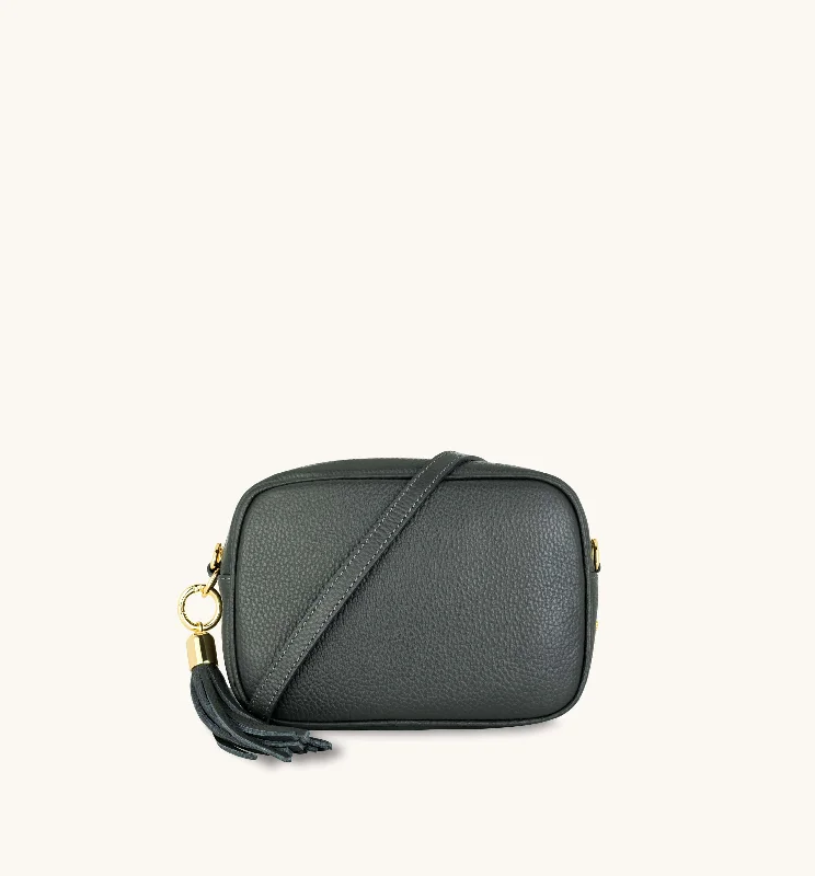 Soft blush crossbody bags adding subtle feminine charm -The Tassel Dark Grey Leather Crossbody Bag