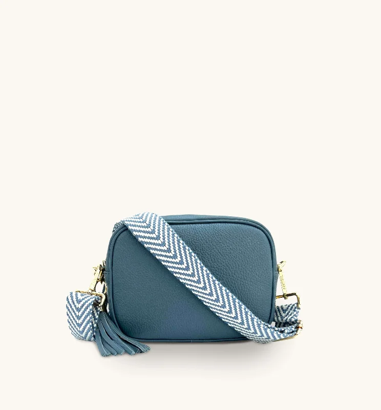 Neutral khaki crossbody bags pairing with any look -The Tassel Denim Blue Leather Crossbody Bag With Denim Blue Chevron Strap