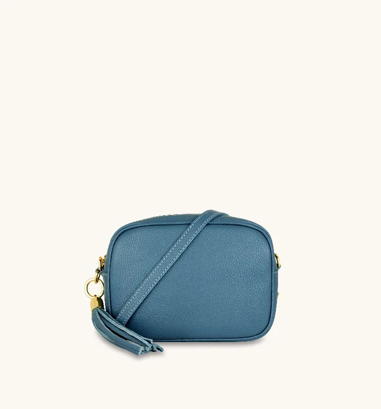 Lightweight packable crossbody bags folding into small pouches -The Tassel Denim Blue Leather Crossbody Bag