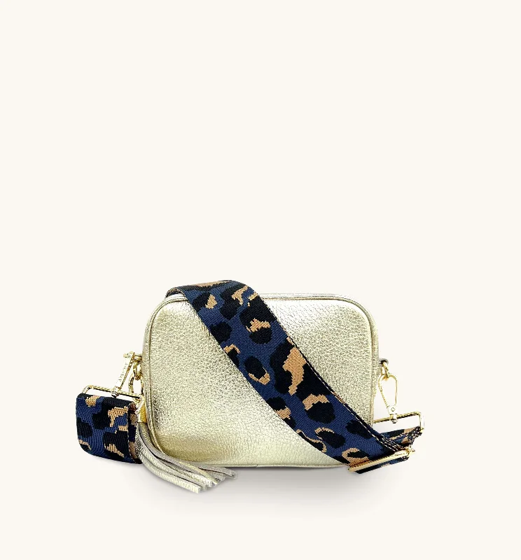 Spacious travel crossbody bags with extra zipper pockets -The Tassel Gold Leather Crossbody Bag With Navy Leopard Strap