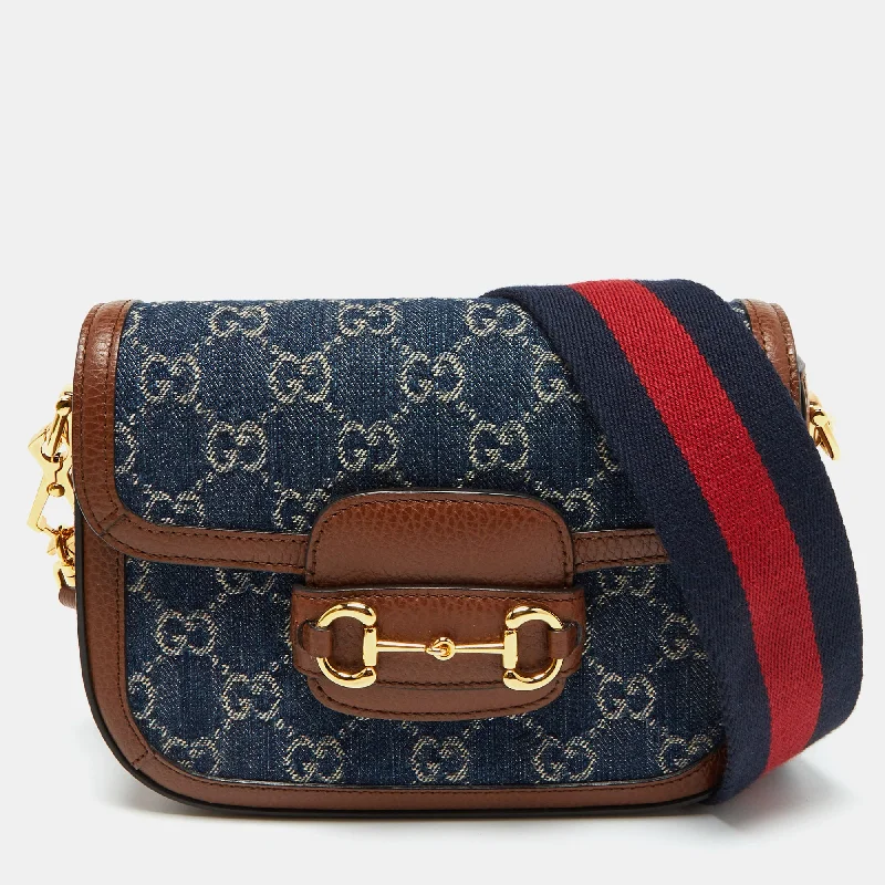 Hand-stitched suede crossbody bags showcasing craft tradition -Gucci Blue/brown Gg Denim And Leather Mini Horsebit 1955 Crossbody Bag