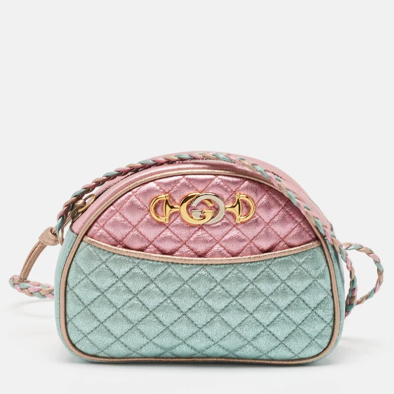 Luxurious brocade crossbody bags for opulent evening wear -Gucci Metallic Pink/turquoise Quilted Leather Mini Zumi Crossbody Bag