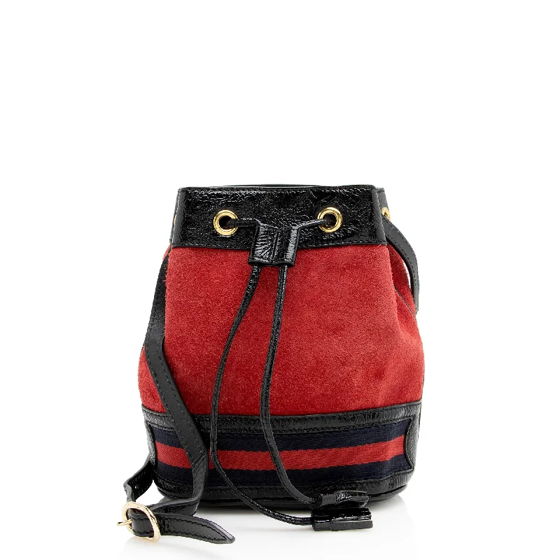 Casual plaid crossbody bags for cozy fall layering -Gucci Suede Patent Leather Ophidia Mini Bucket Bag