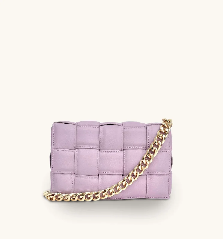 Quick-release strap crossbody bags for easy access convenience -Lilac Padded Woven Leather Crossbody Bag With Gold Chain Strap