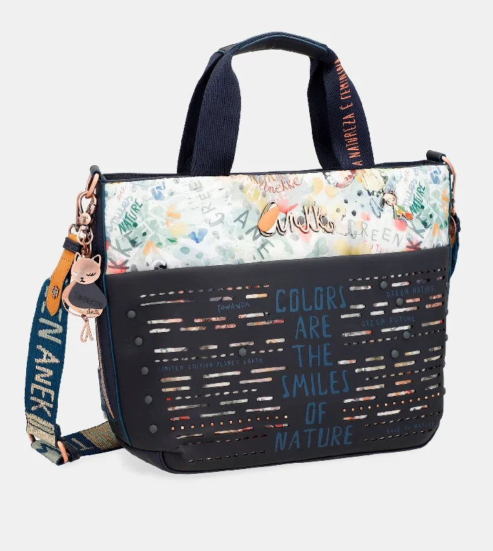 Travel-ready polyester crossbody bags with luggage sleeve -Nature Pachamama navy blue tote bag with shoulder strap