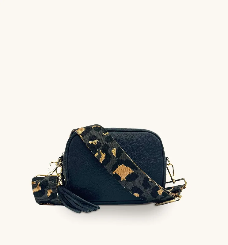 Convertible buckle crossbody bags switching to shoulder mode -The Tassel Navy Leather Crossbody Bag With Grey Leopard Strap