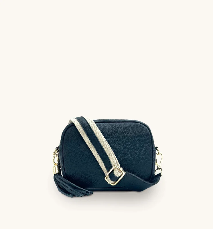 Bold geometric crossbody bags with striking pattern designs -The Tassel Navy Leather Crossbody Bag With Leather & Canvas Strap