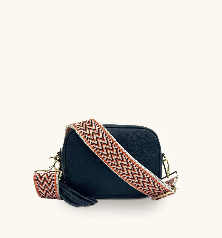 Sustainable cotton crossbody bags for green fashion fans -The Tassel Navy Leather Crossbody Bag With Grey Boho Strap