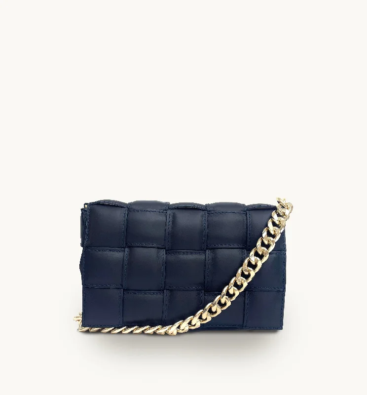 Eco-conscious hemp crossbody bags with natural fiber appeal -Navy Padded Woven Leather Crossbody Bag With Gold Chain Strap