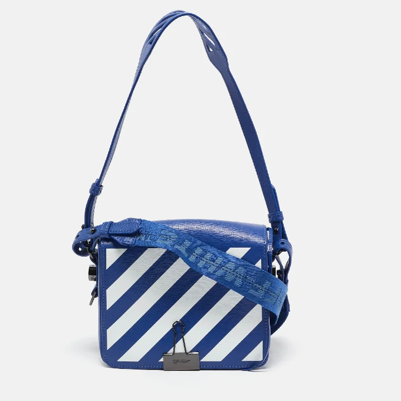 Organic jute crossbody bags for natural texture lovers -Off-White Blue/white Diagonal Print Leather Binder Clip Crossbody Bag