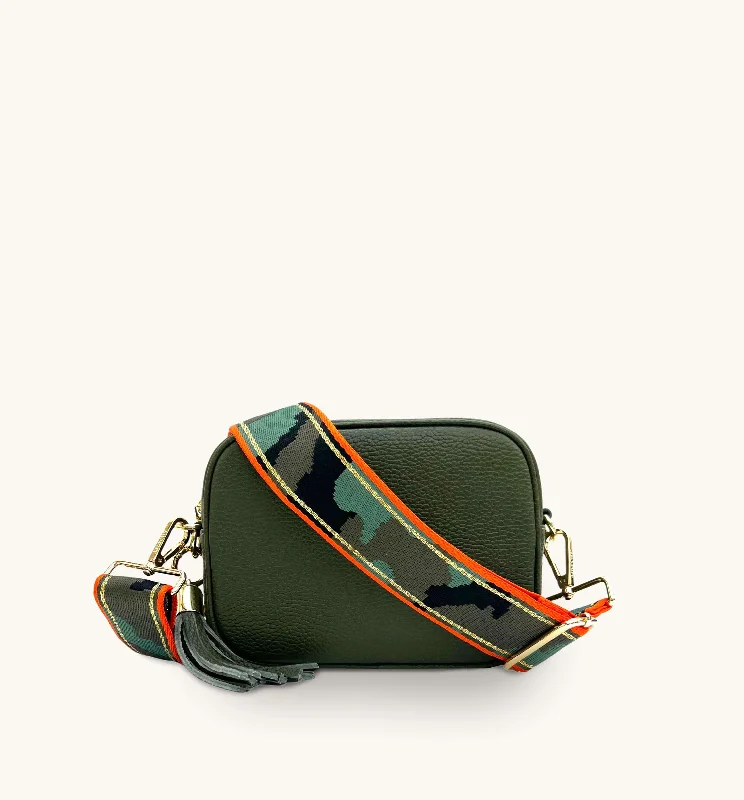 Sleek minimalist crossbody bags for modern urban fashion -The Tassel Olive Green Leather Crossbody Bag With Orange & Gold Stripe Camo Strap