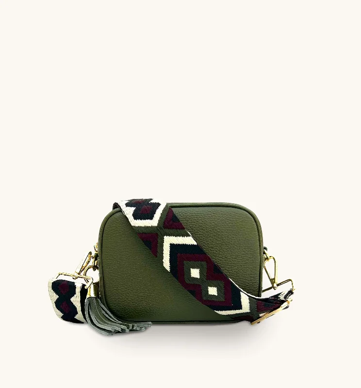 Waterproof canvas crossbody bags for rainy travel days -The Tassel Olive Green Leather Crossbody Bag With Port & Olive Diamond Strap