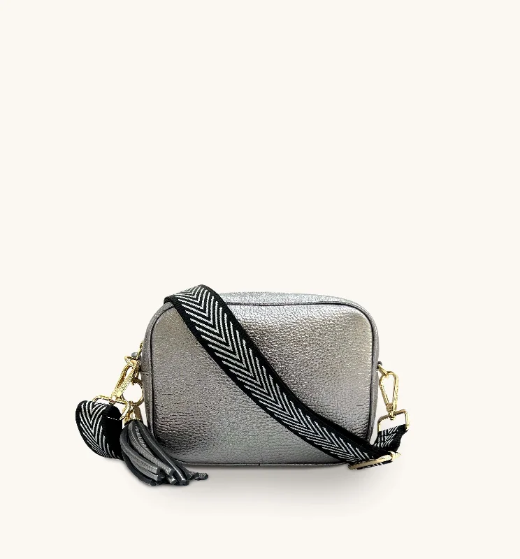 Minimal flap crossbody bags with magnetic snap simplicity -The Tassel Pewter Leather Crossbody Bag With Black & Silver Chevron Strap