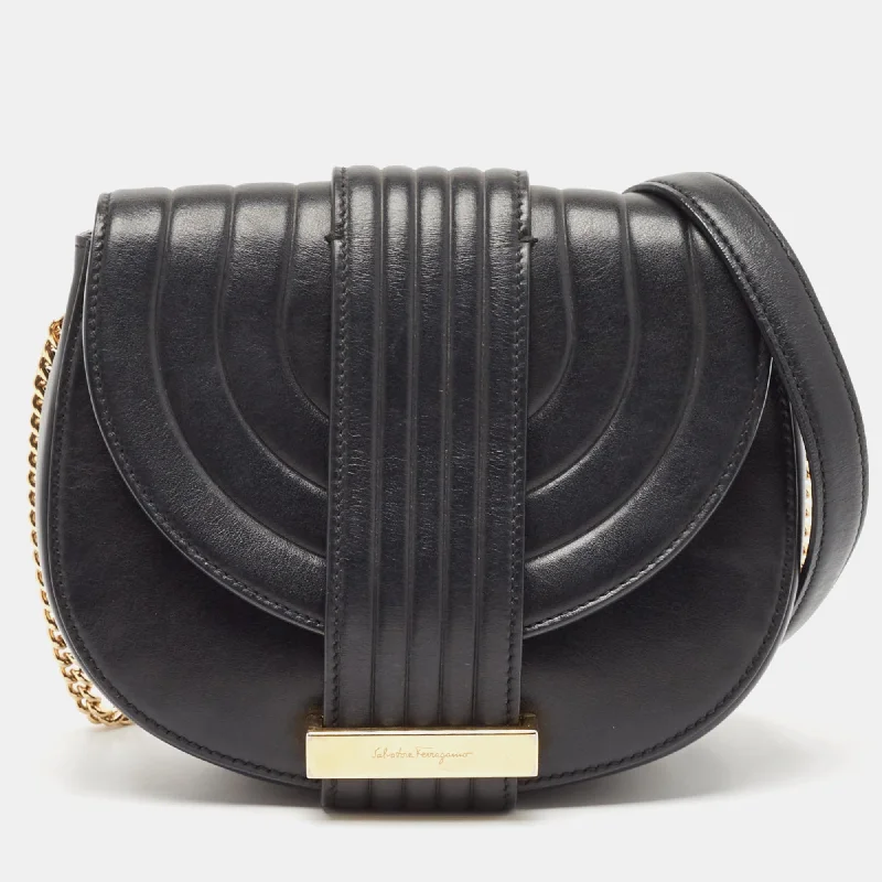 Lightweight silk crossbody bags for breezy evening wear -Salvatore Ferragamo Black Quilted Leather Rosette Crossbody Bag