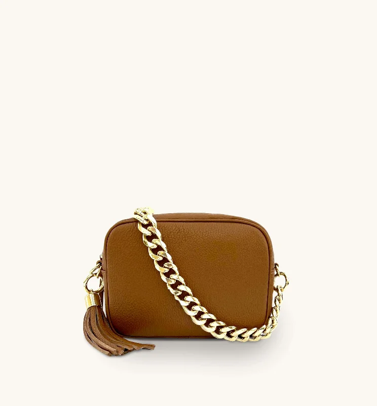 Plush shearling crossbody bags warming up winter styles -The Tassel Tan Leather Crossbody Bag With Gold Chain Strap