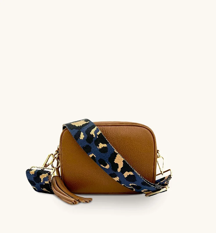 Trendy snakeskin crossbody bags for exotic evening looks -The Tassel Tan Leather Crossbody Bag With Navy Leopard Strap