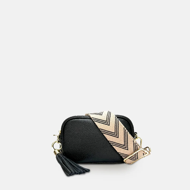 Lightweight silk crossbody bags for breezy evening wear -The Mini Tassel Black Leather Phone Bag With Black Arrow Strap