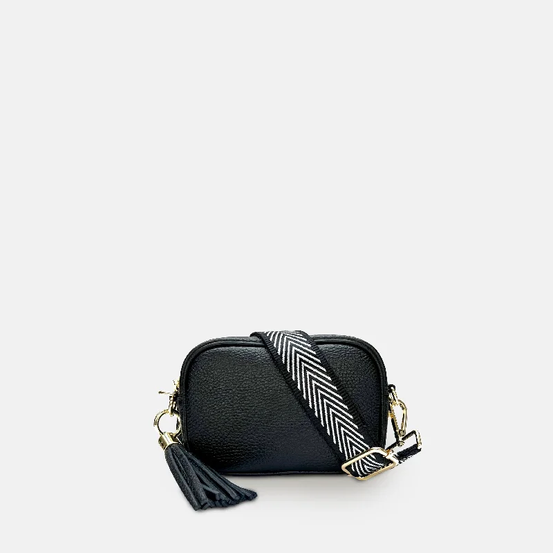 Rich olive crossbody bags for earthy seasonal tones -The Mini Tassel Black Leather Phone Bag With Black & Silver Chevron Strap