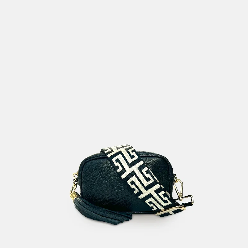 Rich chocolate crossbody bags for warm sophisticated tones -The Mini Tassel Black Leather Phone Bag With Black & Stone Maze Strap