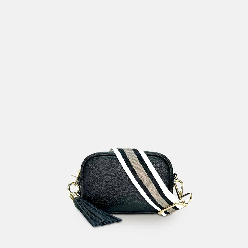 Structured leather crossbody bags with polished gold clasps -The Mini Tassel Black Leather Phone Bag With Latte Stripe Strap