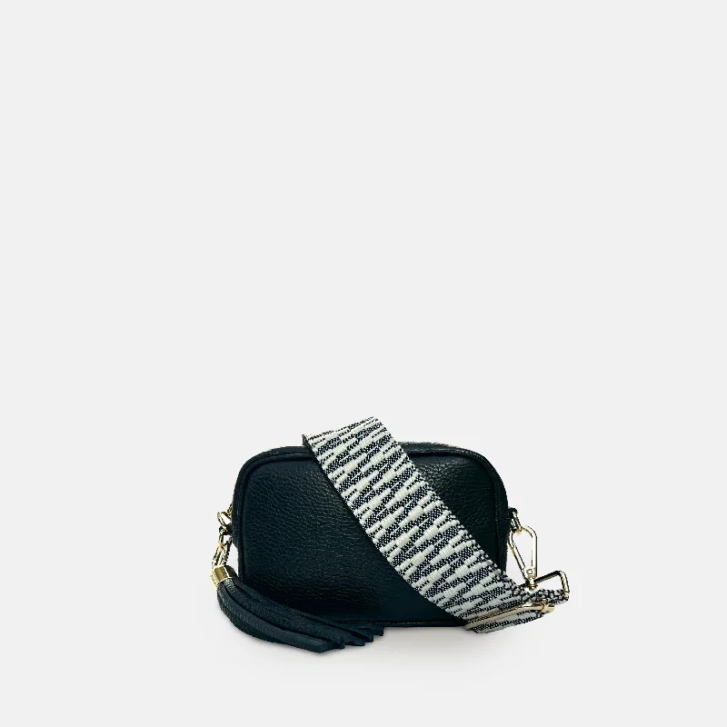 RFID-blocking canvas crossbody bags for tech-savvy travelers -The Mini Tassel Black Leather Phone Bag With Midnight Zigzag Strap