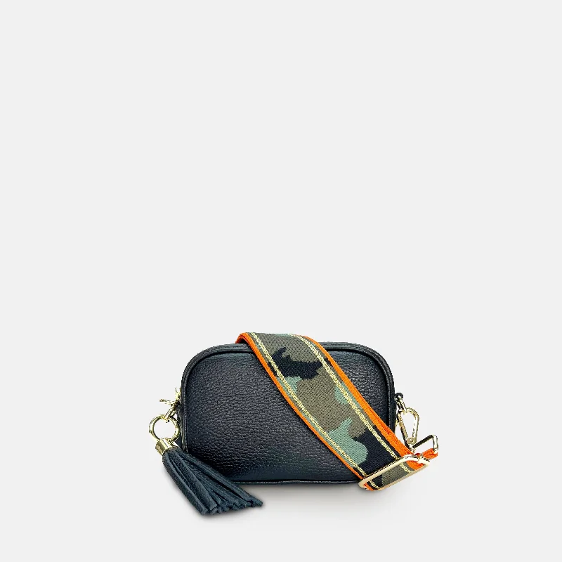 Embroidered floral crossbody bags for romantic spring flair -The Mini Tassel Black Leather Phone Bag With Orange & Gold Stripe Camo Strap