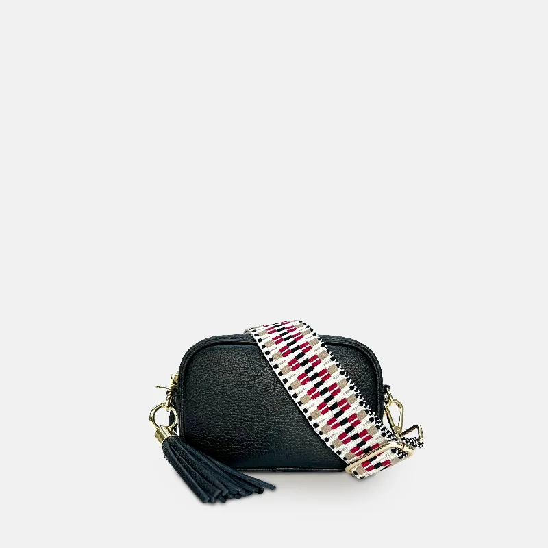 Sleek vinyl crossbody bags with futuristic glossy shine -The Mini Tassel Black Leather Phone Bag With Red & Black ZigZag Strap